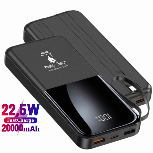 Baterie Externa PRESTIGE CHARGE, 20000mAh, 22.5W MAX, 5 Iesiri, Cabluri USB-C & Lightning Integrate, pentru Telefon, Universal