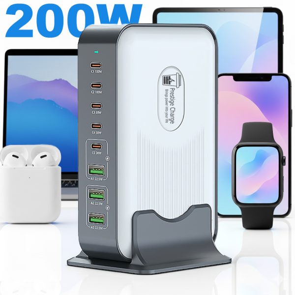 Statie Incarcare Rapida GaN 200W 8in1 PRESTIGE CHARGE, 5 x USB-C si 3 x USB-A QC 3.0,  PD 3.0 100W, pentru Laptop/Telefon/Tableta, Protectii Avansate, Alb