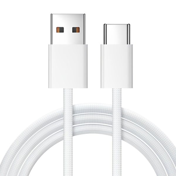 Cablu USB la USB-C, PRESTIGE CHARGE, Transfer Date si Incarcare FastCharge 27W, pentru iPhone 15/16/17 Pro & ProMax, compatibil CarPlay, Alb Textil, 2m