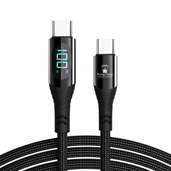 Cablu USB-C la USB-C 100W PD 3.0, PRESTIGE CHARGE, Transfer Date si Incarcare SuperFastCharge 2.0, Cu Display, Pentru Laptop/Telefon/Tableta, 2m, Negru Textil
