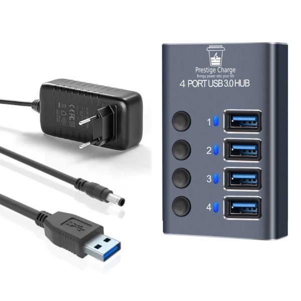Hub USB 4 in 1 PRESTIGE CHARGE cu Buton ON/OFF, Aluminiu, 4 x USB 3.0 5Gbps, Alimentator 36W Inclus