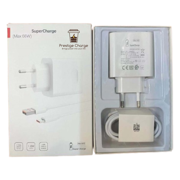 Incarcator Retea SuperCharge 66W PRESTIGE CHARGE, Iesire USB, pentru Huawei/Honor, Cablu USB la USB-C 6A Inclus, 2m, Alb