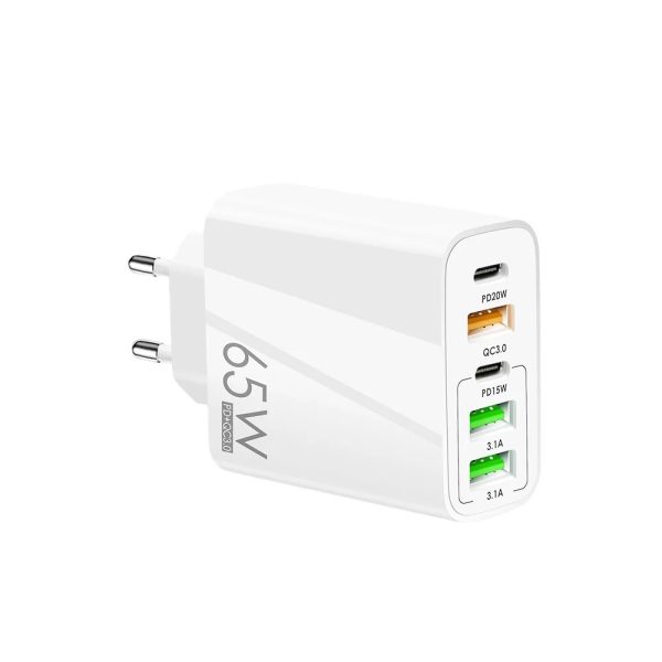 Incarcator Retea 5 Porturi PRESTIGE CHARGE, Total 65W Fast Charge, 2 x USB-C si 3 x USB,  PD 20W, QC 3.0, Compatibil Telefon/Tableta, Ideal pentru Calatorii, Alb
