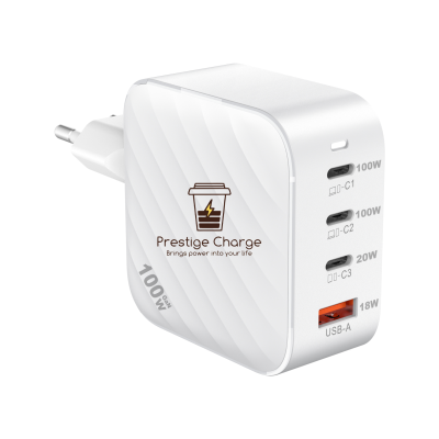 Incarcator Retea GaN QuatroMini 100W PRESTIGE CHARGE, 3 x USB-C PD + USB QC 3.0, Incarcare Simultana 4 Dispozitive, Design Compact, pentru Laptop si Telefon, Alb
