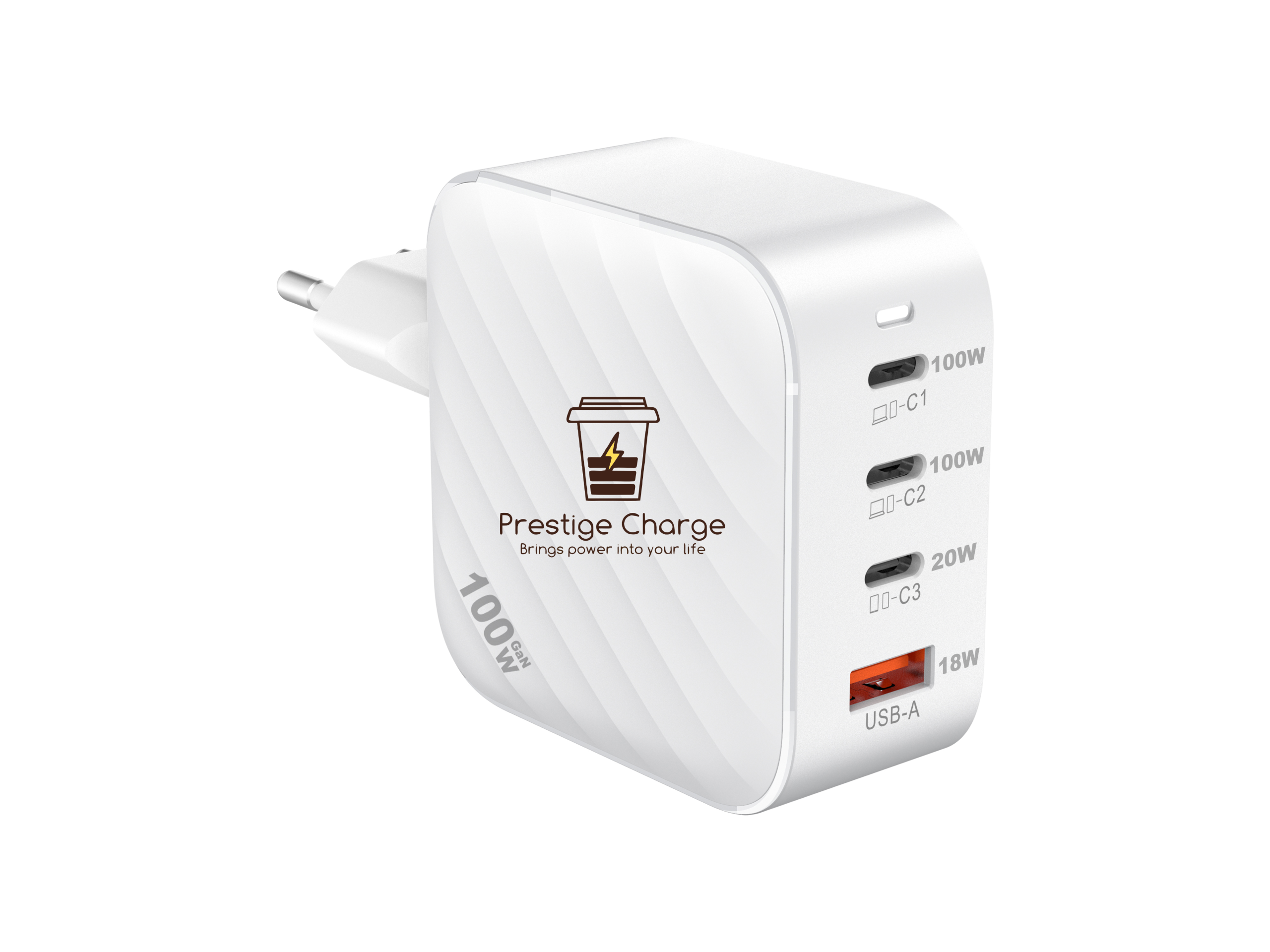 Incarcator Retea GaN QuatroMini 100W PRESTIGE CHARGE, 3 x USB-C PD + USB QC 3.0, Incarcare Simultana 4 Dispozitive, Design Compact, pentru Laptop si Telefon, Alb
