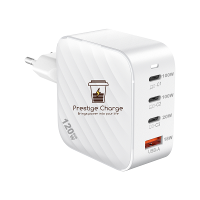 Incarcator retea GaN QuatroMini Plus 120W, PRESTIGE CHARGE, 3 x USB-C PD + USB QC 3.0, Incarcare Simultana 4 Dispozitive, Design Compact, pentru Laptop si Telefon, Alb
