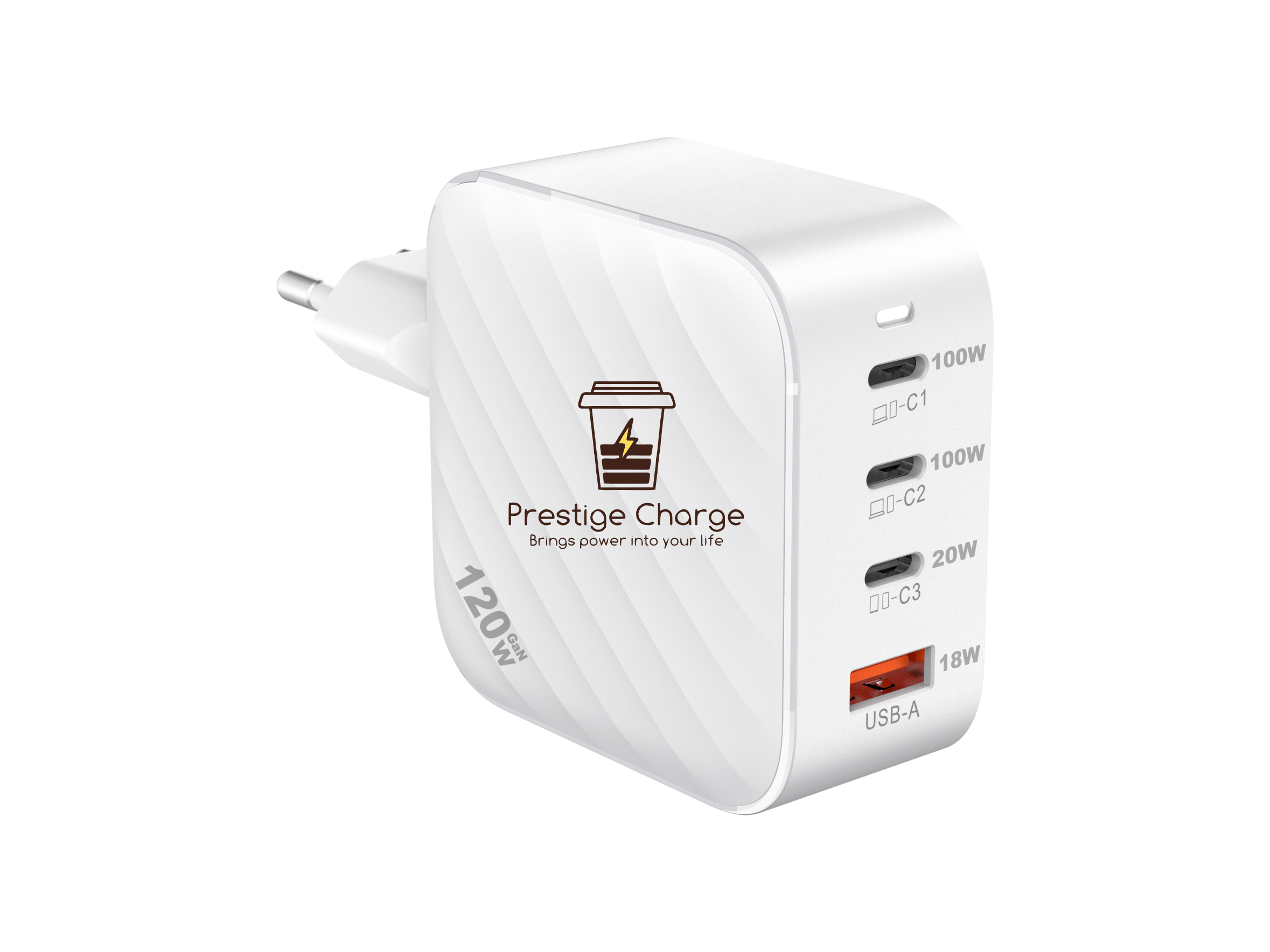 Incarcator retea GaN QuatroMini Plus 120W, PRESTIGE CHARGE, 3 x USB-C PD + USB QC 3.0, Incarcare Simultana 4 Dispozitive, Design Compact, pentru Laptop si Telefon, Alb