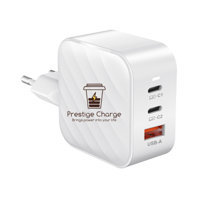 Incarcator Retea GaN TrioMini 65W PRESTIGE CHARGE, 2 x USB-C PD + USB QC 3.0, Incarcare Simultana 3 Dispozitive, Design Compact, pentru Laptop si Telefon, Alb