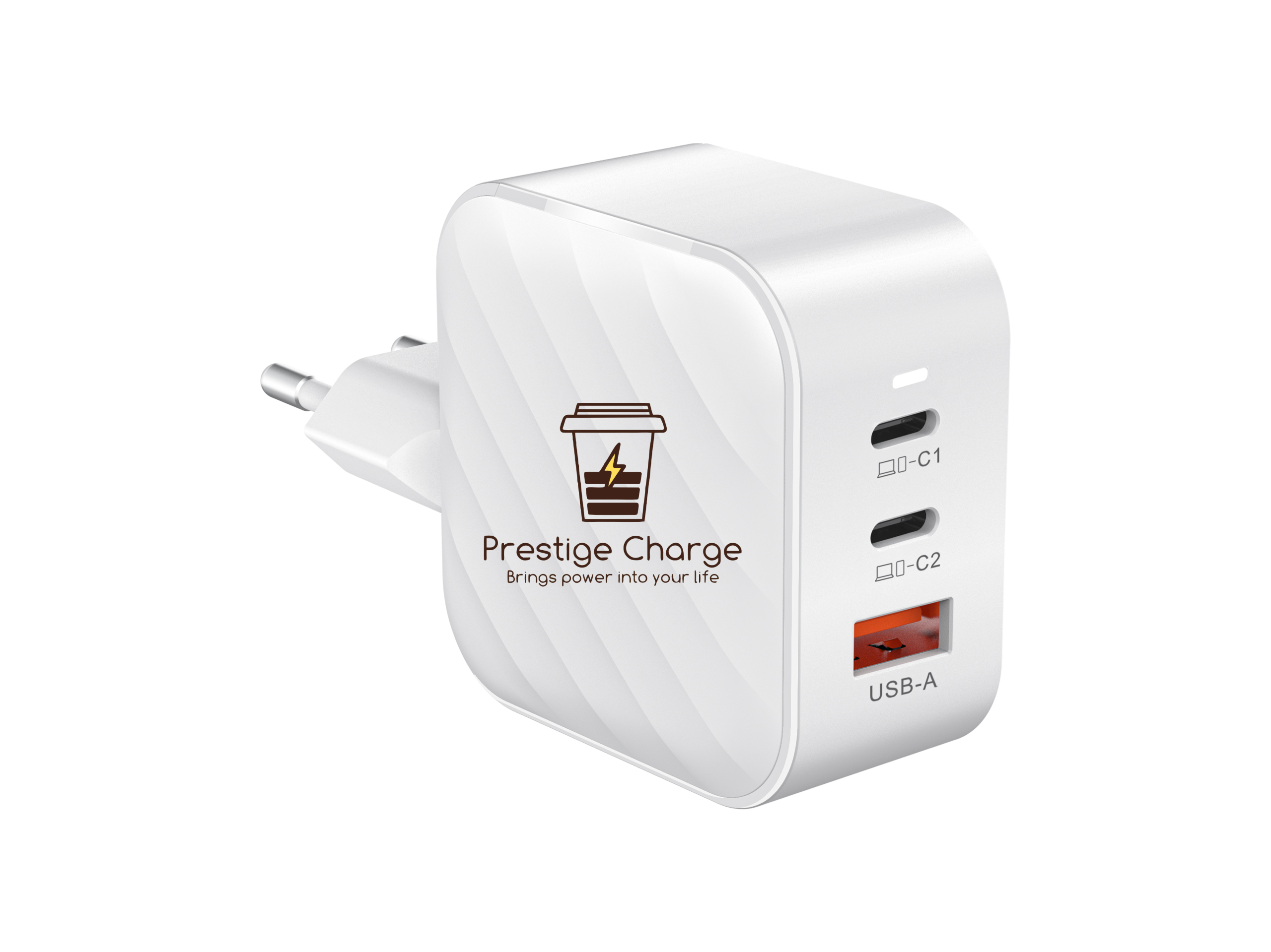 Incarcator Retea GaN TrioMini 65W PRESTIGE CHARGE, 2 x USB-C PD + USB QC 3.0, Incarcare Simultana 3 Dispozitive, Design Compact, pentru Laptop si Telefon, Alb