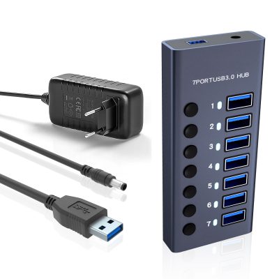 Hub USB 7 in 1 PRESTIGE CHARGE cu Buton ON/OFF, Aluminiu, 7 x USB 3.0 5Gbps, Alimentator 36W Inclus