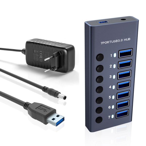 Hub USB 7 in 1 PRESTIGE CHARGE cu Buton ON/OFF, Aluminiu, 7 x USB 3.0 5Gbps, Alimentator 36W Inclus