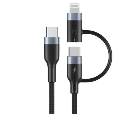 Cablu incarcare si date 2 in 1, PRESTIGE CHARGE, USB-C la USB-C 60W si Lightning 27W, Incarcare Rapida si Eficienta pentru Iphone, Samsung, tableta, 1.2m, negru