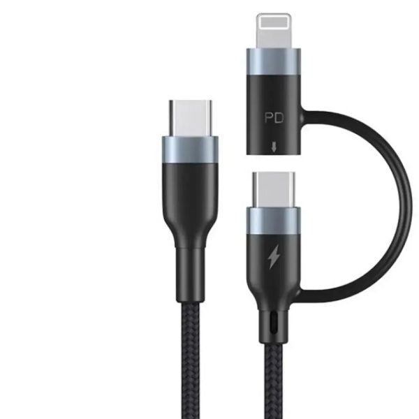 Cablu incarcare si date 2 in 1, PRESTIGE CHARGE, USB-C la USB-C 60W si Lightning 27W, Incarcare Rapida si Eficienta pentru Iphone, Samsung, tableta, 1.2m, negru
