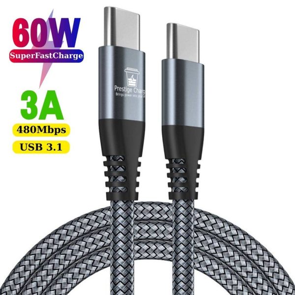 Cablu USB-C la USB-C PD 60W PRESTIGE CHARGE, Transfer Date si Incarcare SuperFastCharge 25W/45W, Compatibil iPhone 15/16/17, Samsung si Tableta, 2m, Gri