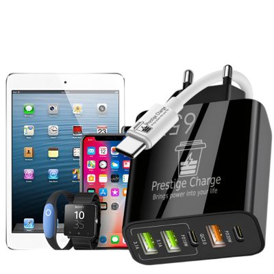 Incarcator Retea 5 Porturi PRESTIGE CHARGE, Total 65W Fast Charge, 2 x USB-C PD si 3 x USB,  Cablu USB-C la USB-C 60W Inclus, Compatibil Telefon/Tableta, Negru