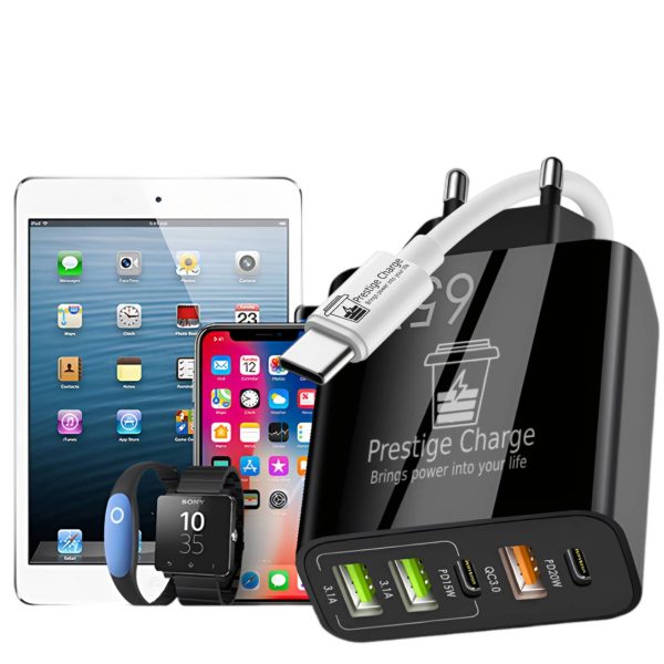 Incarcator Retea 5 Porturi PRESTIGE CHARGE, Total 65W Fast Charge, 2 x USB-C PD si 3 x USB,  Cablu USB-C la USB-C 60W Inclus, Compatibil Telefon/Tableta, Negru