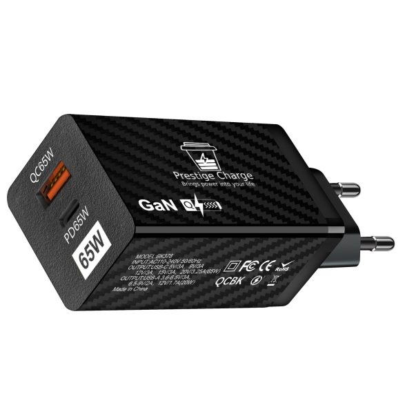Incarcator Retea GaN DuoMini, PRESTIGE CHARGE, 65W SuperFastCharge 2.0, PD 65W + QC 3.0, Incarcare Simultana Laptop si Telefon/Tableta, Universal, Negru