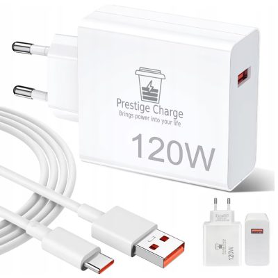 Incarcator Retea TurboCharge 120W, PRESTIGE CHARGE, Iesire USB, pentru Xiaomi, RedMi, BlackShark, Cablu USB la USB-C 6A Inclus, 2m, Alb