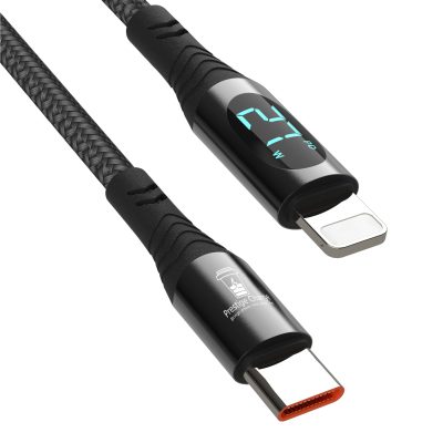 Cablu USB-C la Lightning PD 27W PRESTIGE CHARGE, Transfer Date si Incarcare SuperFastCharge 3A, Display Putere, Compatibil iPhone/iPad/AirPods, Suporta CarPlay, 1m, Negru