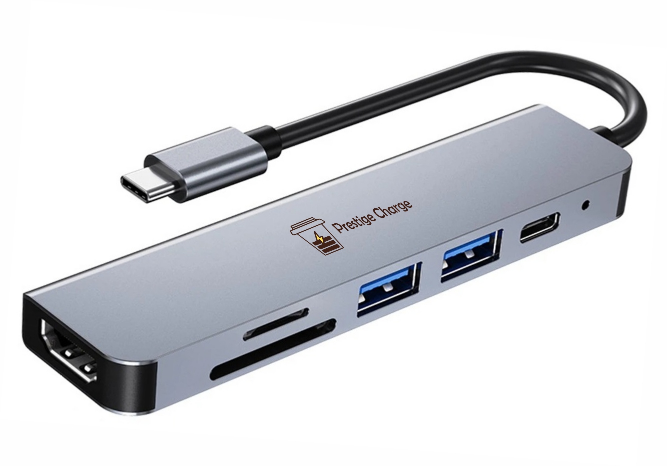 Hub USB-C 6 in 1 PRESTIGE CHARGE, HDMI 4K, PD 100W, USB 3.0, USB 2.0, SD/TF, pentru Laptop/Tableta/Telefon, Carcasa Aluminiu