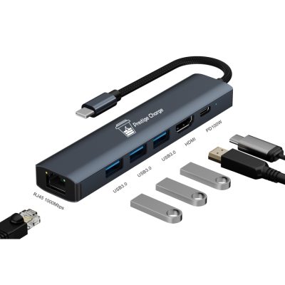 Hub USB-C 6 in 1 PRESTIGE CHARGE, Gigabit LAN, HDMI 4K, PD 100W, 3 x USB 3.0, Dock Laptop/Tableta/Telefon, Aluminiu