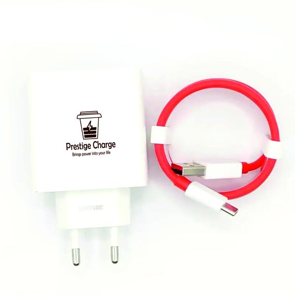 Incarcator Retea SuperVooC 80W, PRESTIGE CHARGE, Iesire USB, pentru OnePlus, Cablu USB la USB-C 7.3A (rosu) Inclus, 1m, Alb