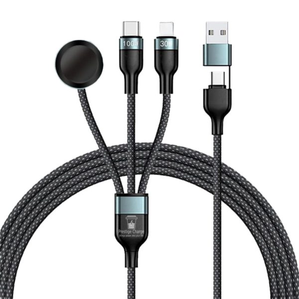 Cablu Incarcare 6 in 1, PRESTIGE CHARGE, 100W, USB & USB-C la USB-C, Lightning Si Incarcare Apple Watch - Incarcare Simultana Laptop, Telefon si Ceas, 1.2m, Negru