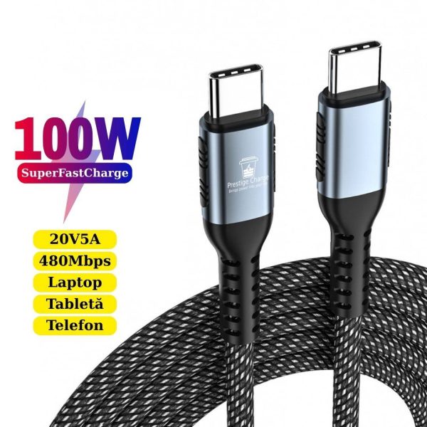 Cablu USB-C la USB-C 100W PD 3.0, PRESTIGE CHARGE, Transfer Date si Incarcare SuperFastCharge 2.0, Pentru Laptop/Telefon/Tableta, 2m, Negru