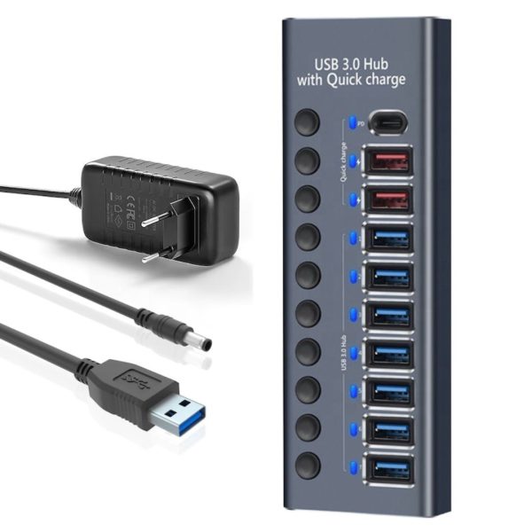 Hub USB 10 in 1 PRESTIGE CHARGE cu Buton ON/OFF, Aluminiu, 7 x USB 3.0 5Gbps + 1 x USB-C PD20W, 2 x USB QC 3.0 pentru Incarcare, Alimentator 72W Inclus