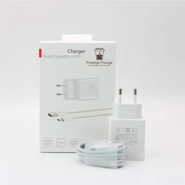Incarcator Retea SuperCharge 40W PRESTIGE CHARGE, Iesire USB, pentru Huawei/Honor, Cablu USB la USB-C 5A Inclus, 1m, Alb