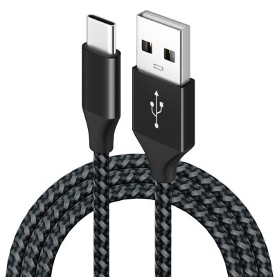 Cablu USB la USB-C PRESTIGE CHARGE, Transfer Date si Incarcare FastCharge QC 3.0, Max 3A, Compatibil Telefon, Tableta, Textil Premium, 2m, Negru & Gri