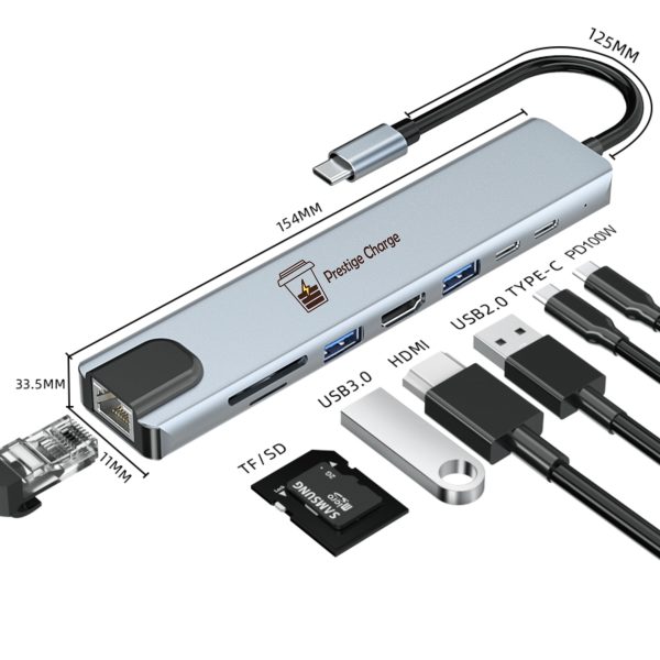 Hub USB-C 8 in 1, PRESTIGE CHARGE, Intrare Type-C, Iesire HDMI 4K si LAN RJ45, USB-C PD 100W + USB-C Data, USB 3.0 & USB 2.0, Cititor SD/TF, Aluminiu