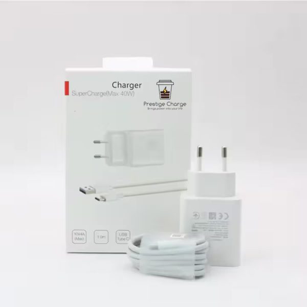 Incarcator Retea SuperCharge 40W PRESTIGE CHARGE, Iesire USB, pentru Huawei/Honor, Cablu USB la USB-C 5A Inclus, 2m, Alb