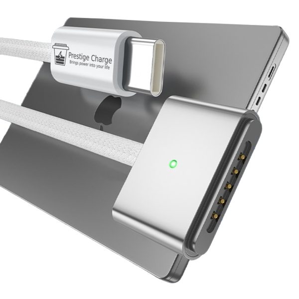 Cablu de Incarcare Magsafe 3, PRESTIGE CHARGE, pentru Apple Macbook Air / Pro, 140W, PD 3.1, Indicator LED, Textil Rezistent, 2m, Alb