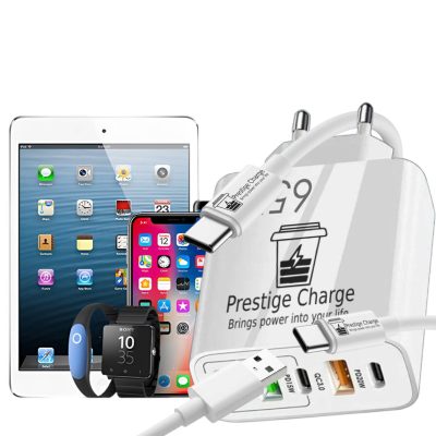 Incarcator Retea 5 Porturi PRESTIGE CHARGE, Total 65W Fast Charge, 2 x USB-C PD si 3 x USB, cu 2 Cabluri Incluse (USB-C la USB-C 60W + USB la USB-C 18W), Compatibil Telefon/Tableta, Alb