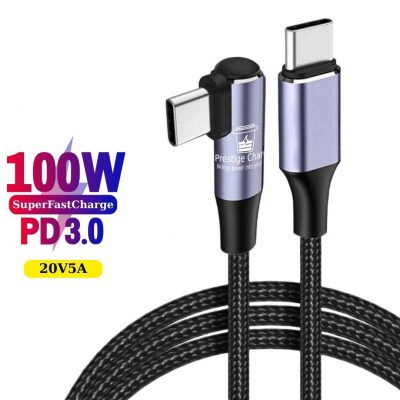 Cablu USB-C la USB-C 100W PD 3.0, PRESTIGE CHARGE, Transfer Date si Incarcare SuperFastCharge 2.0, Cap Unghi 90°, Pentru Laptop/Telefon/Tableta, 3m, Negru