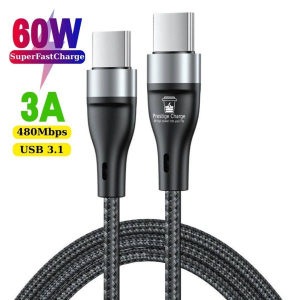 Cablu USB-C la USB-C PD 60W PRESTIGE CHARGE, Transfer Date si Incarcare SuperFastCharge 25W/45W, Compatibil iPhone 15/16/17, Samsung si Tableta, 1m, Gri