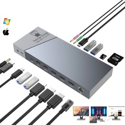 HUB USB C 16 in 1, PRESTIGE CHARGE, 3 x HDMI 4K, LAN Gigabit, PD 100W, USB-C 3.2, 2* USB 3.2 5 Gbps, Jack 3.5 mm, SD/MicroSD Card, Docking Station Premium, Aluminiu