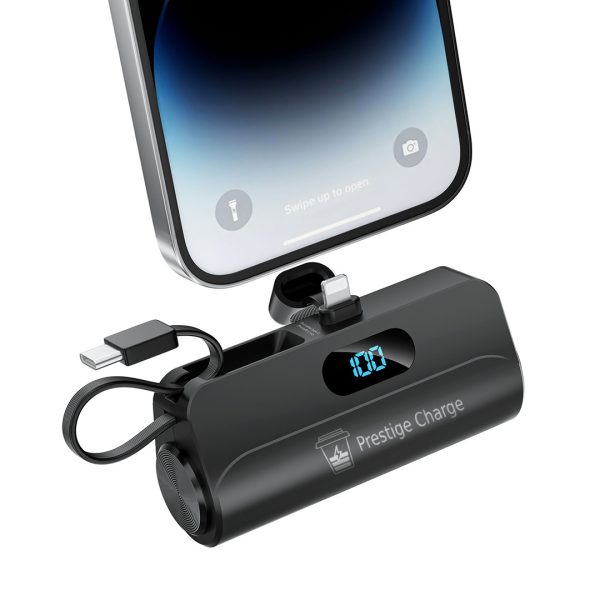 Baterie Externa Nano, PRESTIGE CHARGE, 5.000 mAh, display LED, Lanterna, Cablu USB-C integrat, Port Lightning,  12.5W MAX, incarcare Telefon, Casti, Negru