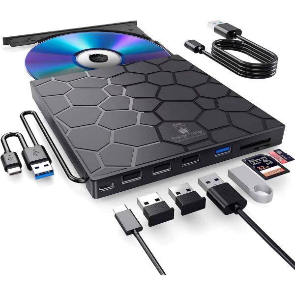 Hub USB cu DVD Writer Extern 8 in 1 PRESTIGE CHARGE, CD/DVD ±RW, USB-C/USB-A, SD/TF, Compatibil Laptop/PC/Mac, Cablu USB/USB-C integrat, Negru