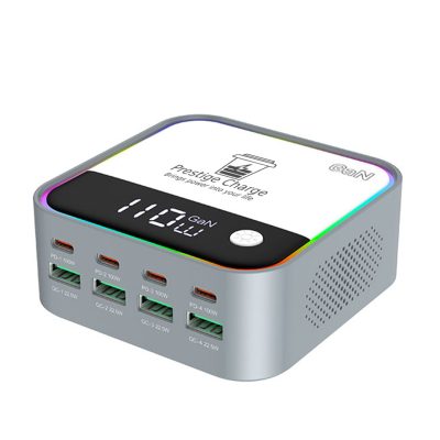 Statie Incarcare Rapida GaN 120W 8 in 1 PRESTIGE CHARGE, 4 x USB-C si 4 x USB, PD 3.0 100W si QC 3.0, Compatibila Laptop/Telefon/Tableta, Protectii Avansate, Alb