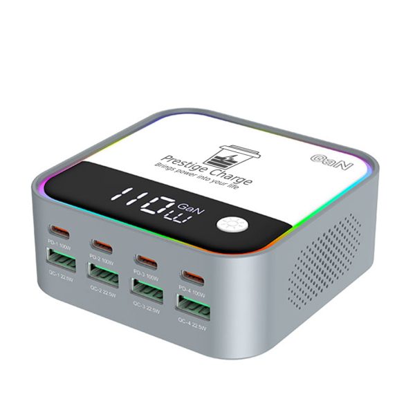 Statie Incarcare Rapida GaN 120W 8 in 1 PRESTIGE CHARGE, 4 x USB-C si 4 x USB, PD 3.0 100W si QC 3.0, Compatibila Laptop/Telefon/Tableta, Protectii Avansate, Alb