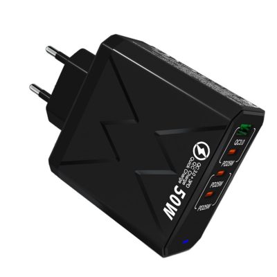 Incarcator Retea 4 in 1 PRESTIGE CHARGE, 50W FastCharge, 1 x USB si 3 x Type-C, PD 25W + QC 3.0, Incarcare Rapida Simultana, Compatibil iPhone/Samsung, Negru