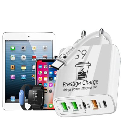 Incarcator Retea 5 Porturi PRESTIGE CHARGE, Total 65W Fast Charge, 2 x USB-C PD si 3 x USB,  Cablu USB-C la USB-C 60W Inclus, Compatibil Telefon/Tableta, Alb