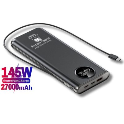 Baterie Externa Portabila PRESTIGE CHARGE®, Powerbank cu Incarcare Rapida PREMIUM, Acumulator 27.000 mAh, Type C, 1 x USB, 3 x USB-C PD, Putere 145W MAX, Incarcare Simultana, Telefon, Tableta, Laptop si Gadgeturi, pentru Calatorie, Avion, Negru