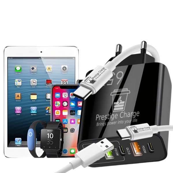 Incarcator Retea 5 Porturi PRESTIGE CHARGE, Total 65W Fast Charge, 2 x USB-C PD si 3 x USB, cu 2 Cabluri Incluse (USB-C la USB-C 60W + USB la USB-C 18W), Compatibil Telefon/Tableta, Negru