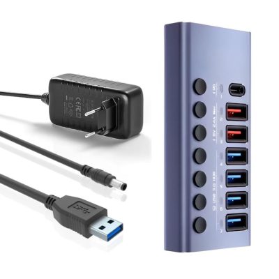 Hub USB 7 in 1 PRESTIGE CHARGE cu Buton ON/OFF, Aluminiu, 4 x USB 3.0 5Gbps + 1 x USB-C PD 20W, 2 x USB QC 3.0 pentru Incarcare, Alimentator 36W Inclus