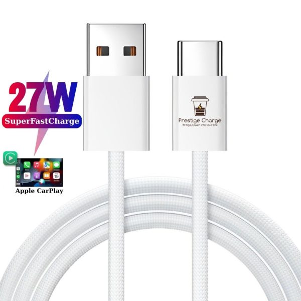 Cablu USB la USB-C, PRESTIGE CHARGE, Transfer Date si Incarcare FastCharge 27W, pentru iPhone 15/16/17 Pro & ProMax, compatibil CarPlay, Alb Textil, 1m