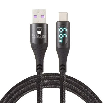 Cablu USB la USB-C PRESTIGE CHARGE, Transfer Date si Incarcare FastCharge 60W, cu Display, Compatibil Telefon, Tableta, Textil Premium, 1m, Negru
