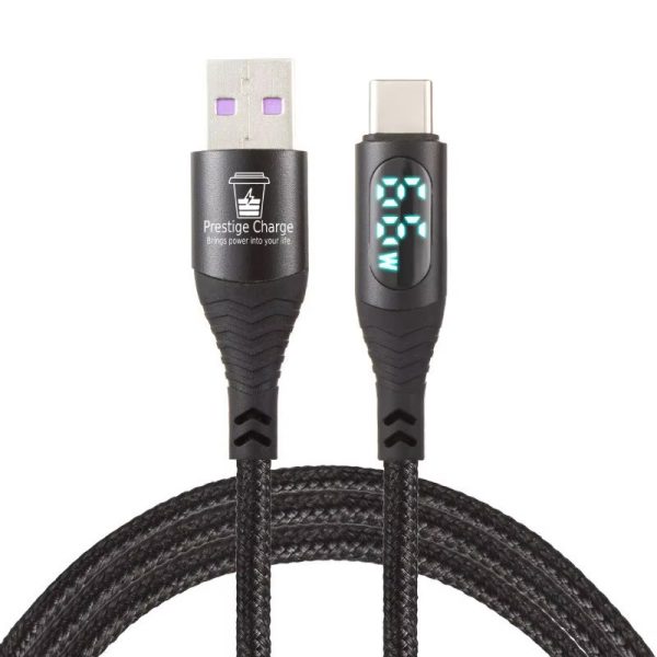Cablu USB la USB-C PRESTIGE CHARGE, Transfer Date si Incarcare FastCharge 60W, cu Display, Compatibil Telefon, Tableta, Textil Premium, 1m, Negru